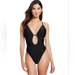 NEW shade & shore women's plunge high cut one piece swimsuit black sz L